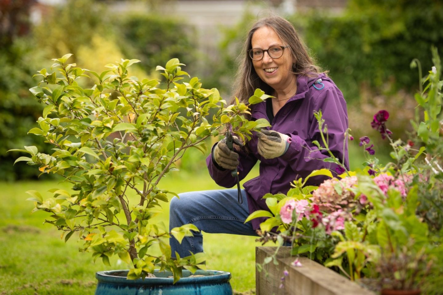 Woman on raised bed pruning a plant