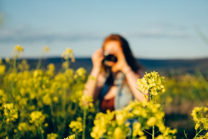 Woman taking photo of flower field